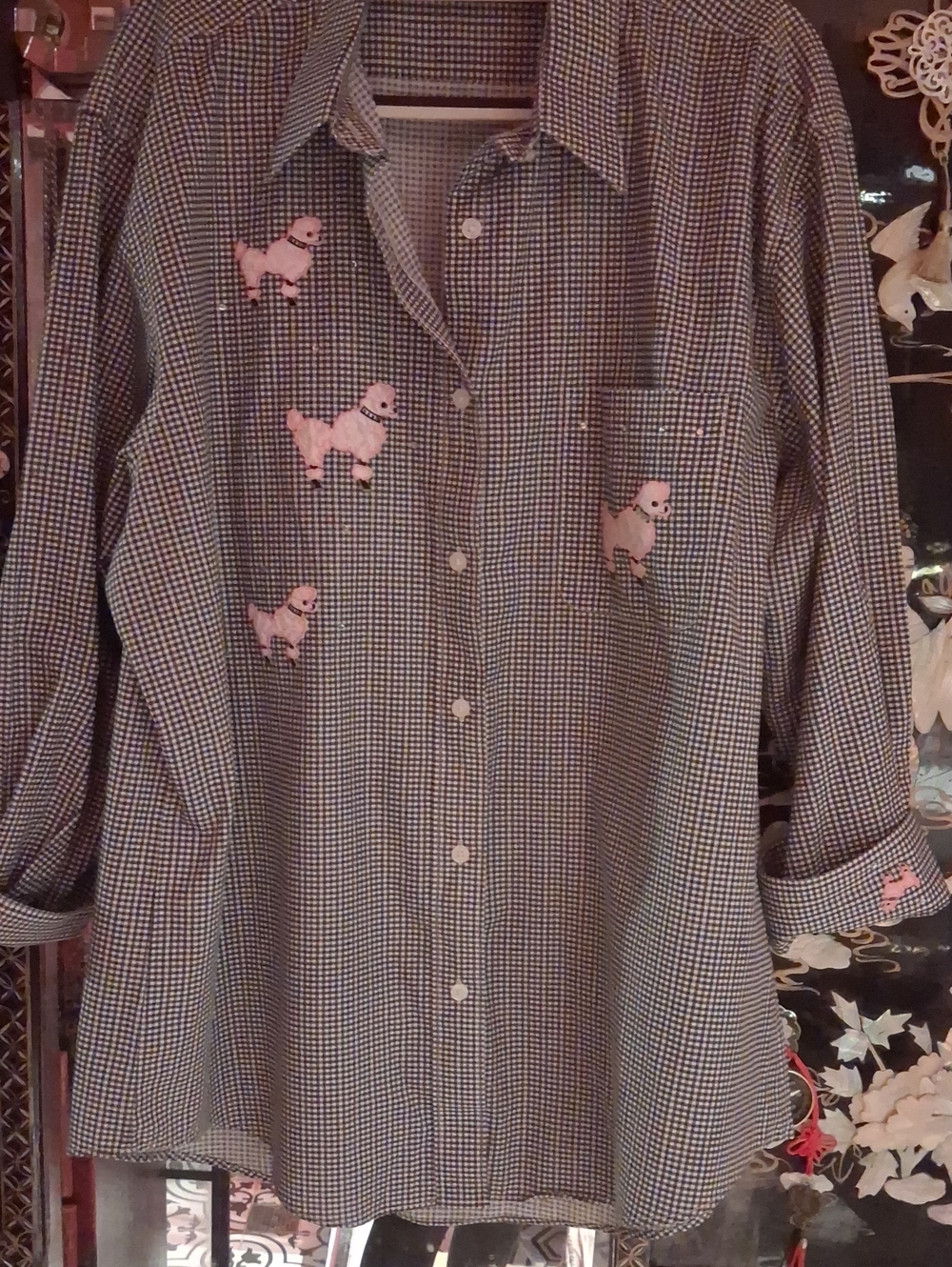 Black & White Gingham Button-Down Shirt with Pink Poodle Appliqués